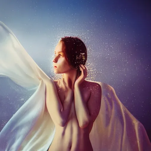 Image similar to filmstill photography of female body covered with white translucent blanket acrylic liquid colors, luxurious supermodel photoshooting, golden jewelry, bokeh, godrays, strong wind, wrinkles, sunrays, sunset, lens flare