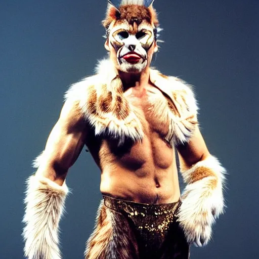 Image similar to 📷 john partridge playing rum tum tugger, spike collar, fluffy neck, cats the musical 🎶, 1 9 9 8 version, professional cat - like makeup, stunning choreography and lighting