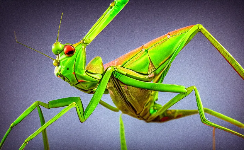 Prompt: extremely detailed macro photograph of a praying mantis, blur, glare, veins, transparency, bubbles, professional photography, studio, microscope