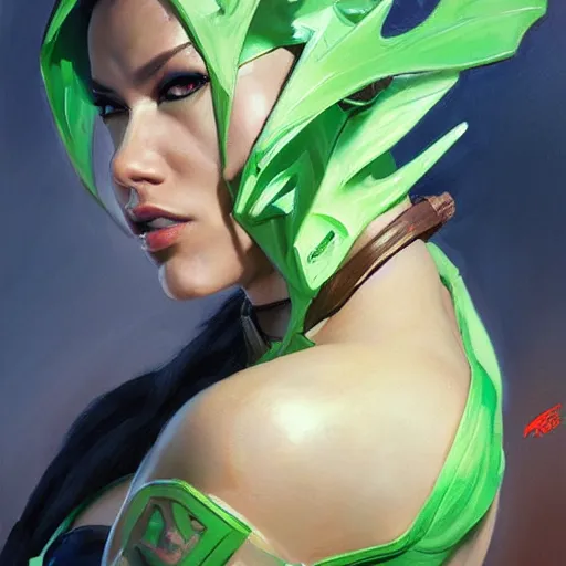 Image similar to greg manchess portrait painting of jade from mortal kombat as overwatch character, medium shot, asymmetrical, profile picture, organic painting, sunny day, matte painting, bold shapes, hard edges, street art, trending on artstation, by huang guangjian and gil elvgren and sachin teng