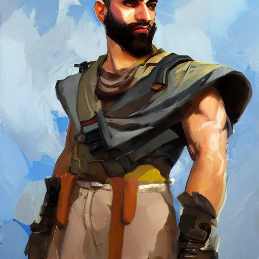 Image similar to greg manchess portrait painting of a young ducktail bearded middle eastern american male as overwatch character, medium shot, asymmetrical, profile picture, organic painting, sunny day, matte painting, bold shapes, hard edges, street art, trending on artstation, by huang guangjian and gil elvgren and sachin teng