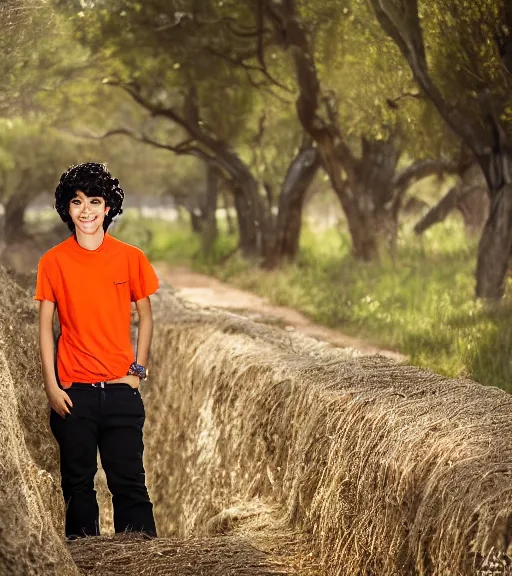 Image similar to a professional 8 5 mm highly detailed portrait of leo valdez, a mexican latino 1 5 year old boy with elfish features, skinny, lots of energy, curly hair, orange shirt, thin face, mischievious smile, symmetrical features, professional photography, midday lighting, fire theme, defiant, volumetric lighting