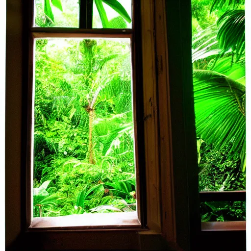 Prompt: A dslr picture with flash on of a window from in 2007, tropical rainforest outside