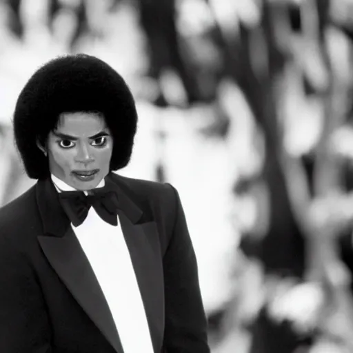 Prompt: a 1980s film still of Morgan Freeman dressed as Michael Jackson, 40mm lens, shallow depth of field, split lighting