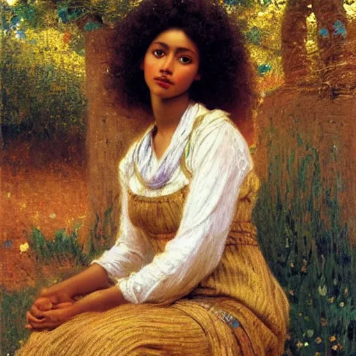 Image similar to east african woman with curly hair, simple background, fedosenko roman, j. w. godward, jose miguel roman frances, intricate details, countryside, dreamy, impressionist, figurative