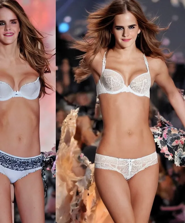 Prompt: a victoria's secret white model and her belly includes emma watson's face, realistic