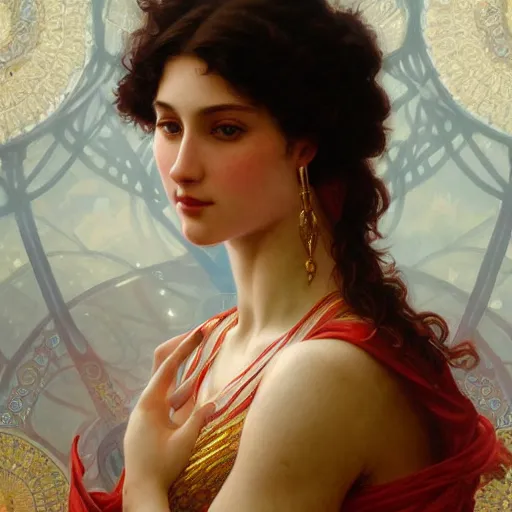 Prompt: portrait of scarlet goddess, intricate, elegant, highly detailed, digital painting, artstation, concept art, smooth, sharp focus, illustration, art by artgerm and greg rutkowski and alphonse mucha and william - adolphe bouguereau