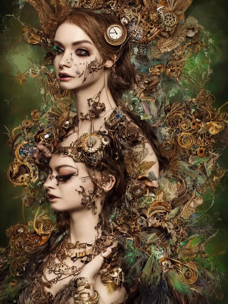 Prompt: a centered photo of a gorgeous steampunk fairy with face tattoos wearing ornate and intricate jewellery made from sticks and feathers and leaves and jewels dancing through a mushroom forest, Photo real, Detailed, Realism, Fantasy, Volumetric Lighting, Global Illumination, Subsurface Scattering, Photographic Color Scheme blur,trending on cg society, trending on artstation