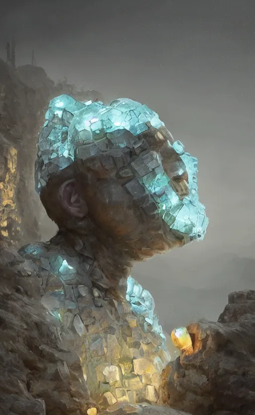 Image similar to a golem made from translucent crystals, high in the mountains, greg rutkowski, 8 k, shallow depth of field, intricate detail, concept art,