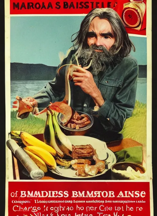 Prompt: vintage home barbecue advertisement depicting charles manson slipping on a banana peel