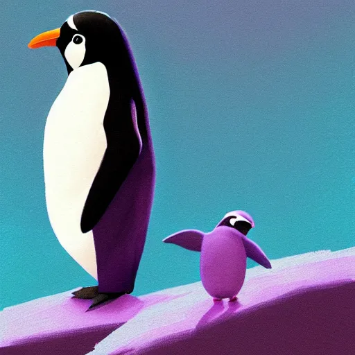 Prompt: purple penguin, character design, simple, dramatic lighting, digital painting, artstation, concept art, sharp focus, illustration, studio ghibli animation