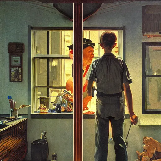 Prompt: high quality high detail painting by david mattingly and norman rockwell and nc wyeth, hd, realistic matte, photorealistic lighting, composition and layout inspired by gregory crewdson, modern supernatural horror, stephen king.