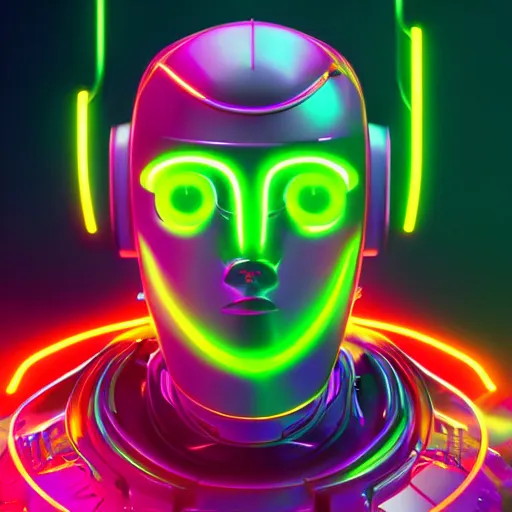 Image similar to a portrait of futuristic robot posed in front of a neon background, digital art in the style of greg rutkowksi trending on artstation