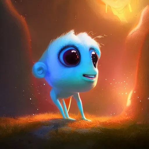 Image similar to adorable glowing creature, trending on artstation, cute, big eyes, matte painting, concept art, pixar, disney, highly detailed, cinematic composition, unreal engine, 3 d rendered in octane