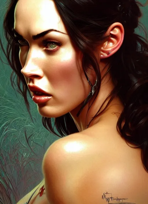 Image similar to portrait of megan fox as muppet, intricate, headshot, highly detailed, digital painting, artstation, concept art, sharp focus, cinematic lighting, illustration, art by artgerm and greg rutkowski, alphonse mucha, cgsociety