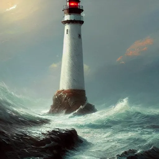 Prompt: A beautiful painting of a singular lighthouse, shining its light across a tumultuous sea of rage by greg rutkowski and thomas kinkade, Trending on artstation.