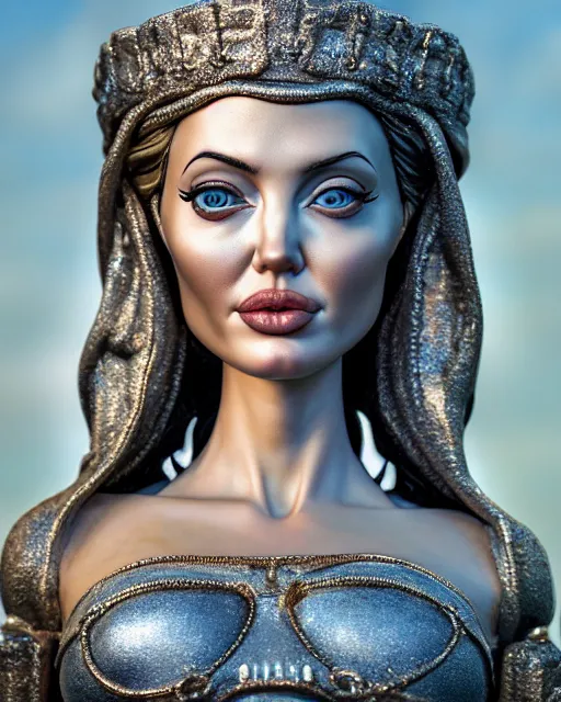 Image similar to highly detailed closeup, face profile portrait of a tin toy angelina jolie as the staue of liberty, bikini, depth of field, nicoletta ceccoli, mark ryden, lostfish, max fleischer, breathtaking, detailed and intricate environment, 8 k resolution, hyperrealistic, octane render