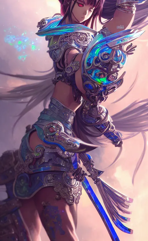 Image similar to anime iridescent opal cyborg shinobi warrior, intricate ornate details, morandi color scheme, hd, illustratio, splash art, fantasy, elegant, highly detailed, wide angle, digital painting, artstation, concept art, smooth, sharp focus, illustration, wallpaper, art by artgerm and greg rutkowski and alphonse mucha and jin xiaodi