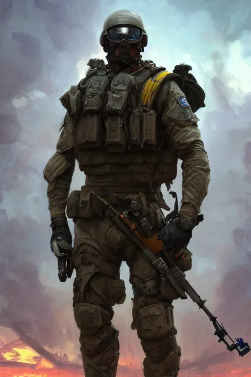 Image similar to a cinematic shot of a special forces unit with ukrainian flag and standing ready to fight, masculine figure, d & d, fantasy, bright atmosphere, volumetric lights, intricate, elegant, extremely detailed, digital painting, artstation, concept art, matte, smooth, sharp focus, hyper realistic, illustration, art by artgerm and greg rutkowski and alphonse mucha