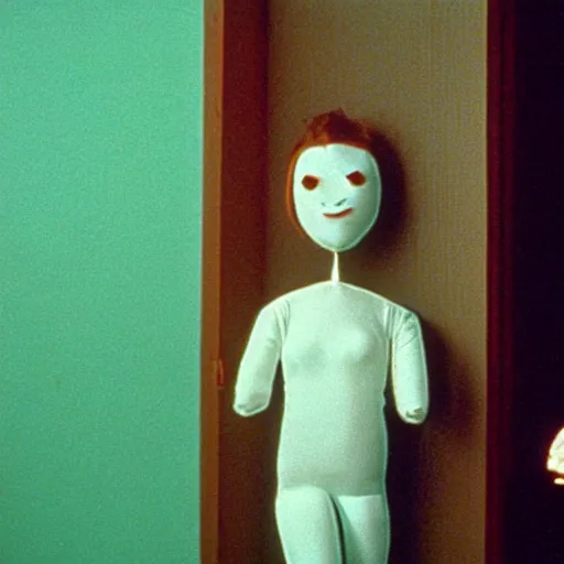 Image similar to still from a 1992 arthouse film about a depressed woman dressed as an inflatable puppet who meets a handsome younger man in a seedy motel room, color film, 16mm soft light, weird art on the wall