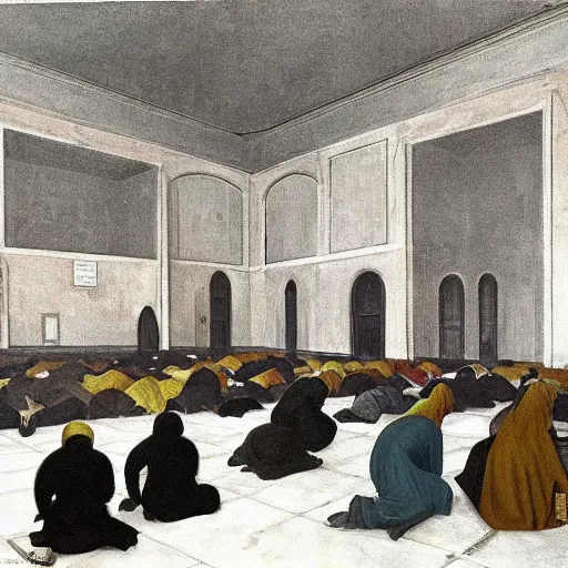 Image similar to apocalyptic scene,prayer,occult,refugees,mosque synagogue interior,gas masks,geometric art,patina,edward hopper