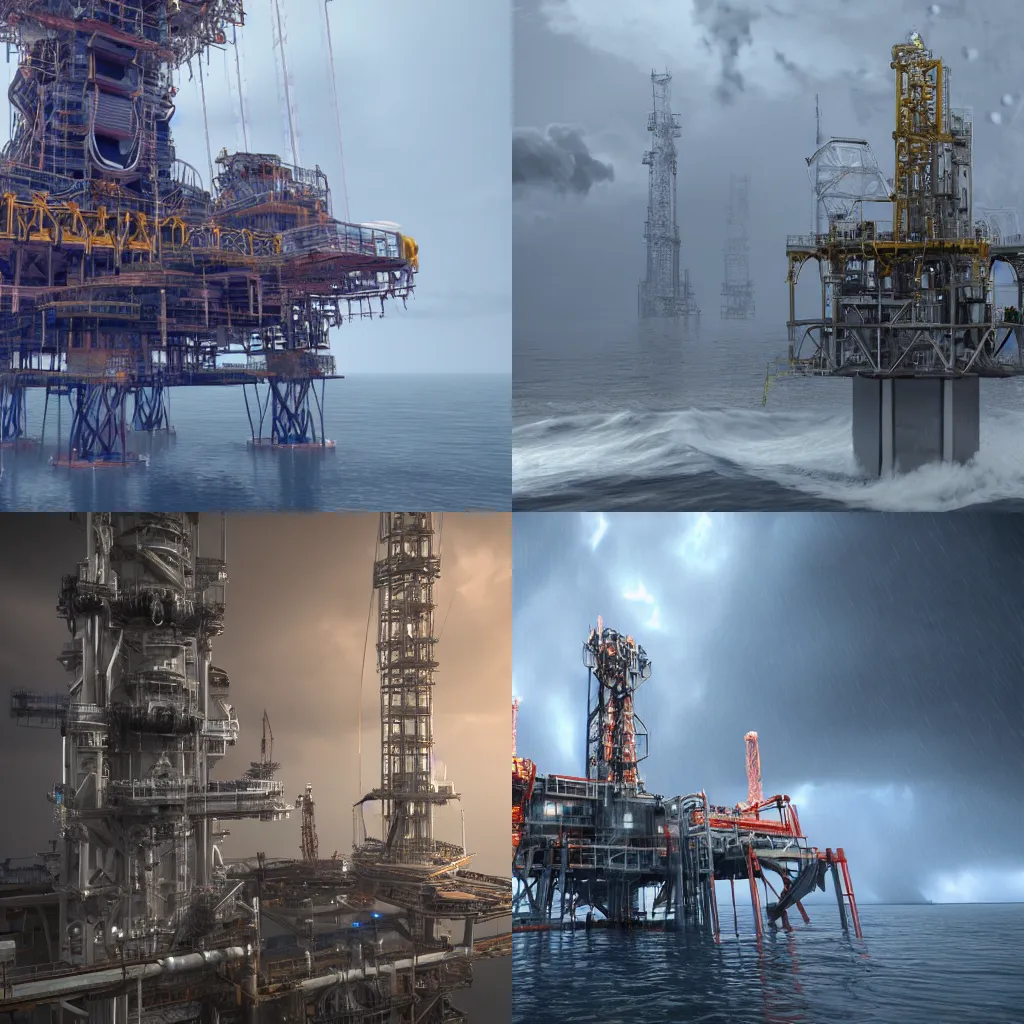 Prompt: A cathedral on an oilrig in the midst of a hurricane, concept art 4k hd unreal engine,