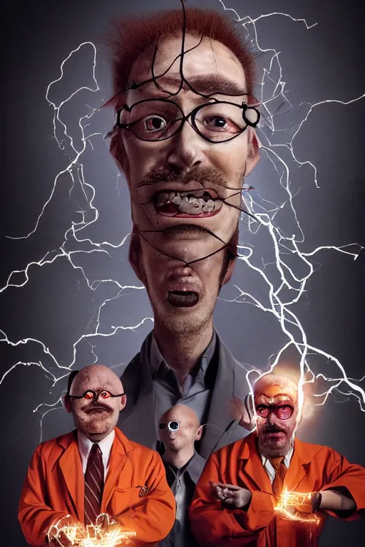 Image similar to a man with 3 eyes, man with a 3rd eye in the middle of his forehead, an awkwardly tall mad scientist with a 3rd eye a tangled orange beard balding head and unruly red hair wearing a labcoat, high resolution film still, movie by Robert Zemeckis and Ivan Reitman, 3rd eye in the middle of his forehead