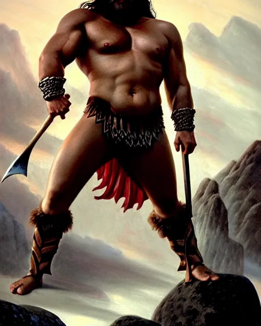 Prompt: beautiful portrait oil painting, jason momoa conan the barbarian thor standing on a rocky hill, wearing a warrior king crown and royal crimson fantasy ornate spartan dragon scale armor, wet skin and hair, muscular!!!, battle action pose, frank frazetta, boris vallejo, greg rutkowski, beautiful cinematic light, low angle, greg rutkowski, high contrast