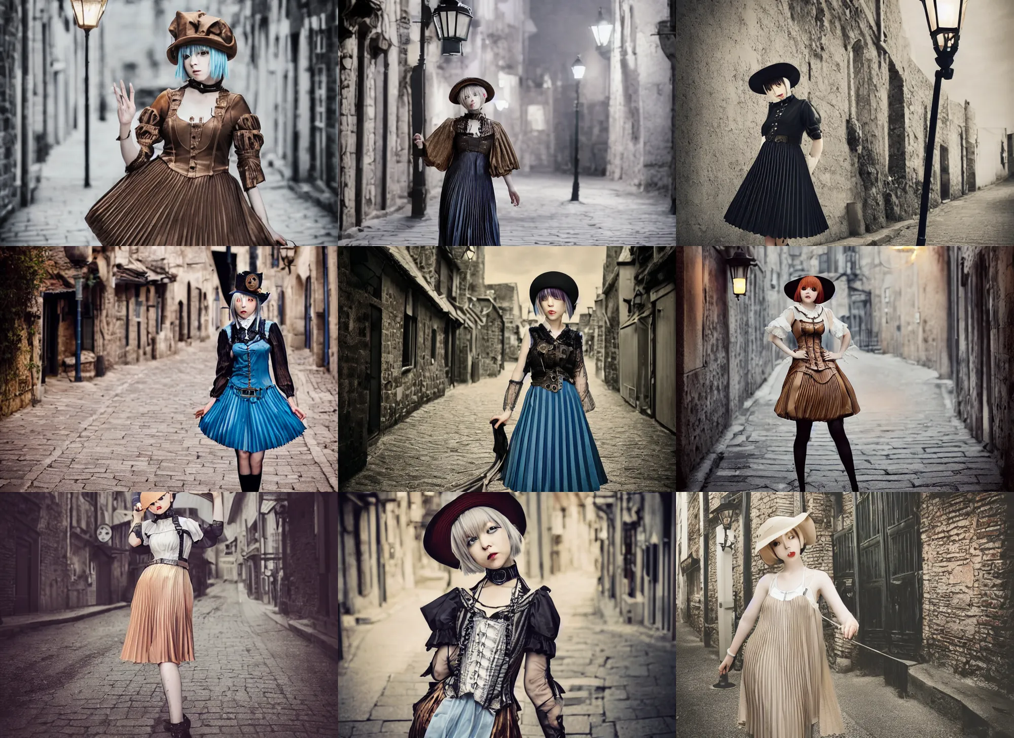 Prompt: full body portrait photo of reol wearing a elegant pleated steampunk dress, open top, wearing a cute hat, walking down a medieval street, exterior, streetlamps, dim studio lighting, ( ( photograph ) ), moody, realistic, detailed, low light, skin tinted a warm tone, light blue filter,