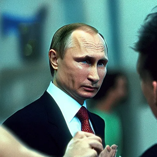 Image similar to Vladimir Putin as a villain in the Power Rangers movie from 1995, fighting, close-up, still