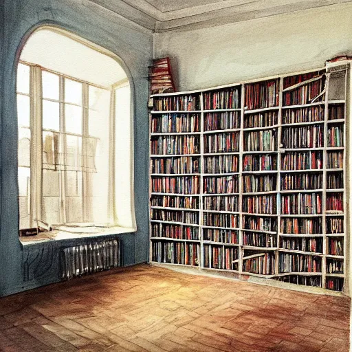 Prompt: painting of an apartment own by a writer, a lot of books on the shelves, desk with typewriter on it, one windows with gentle light
