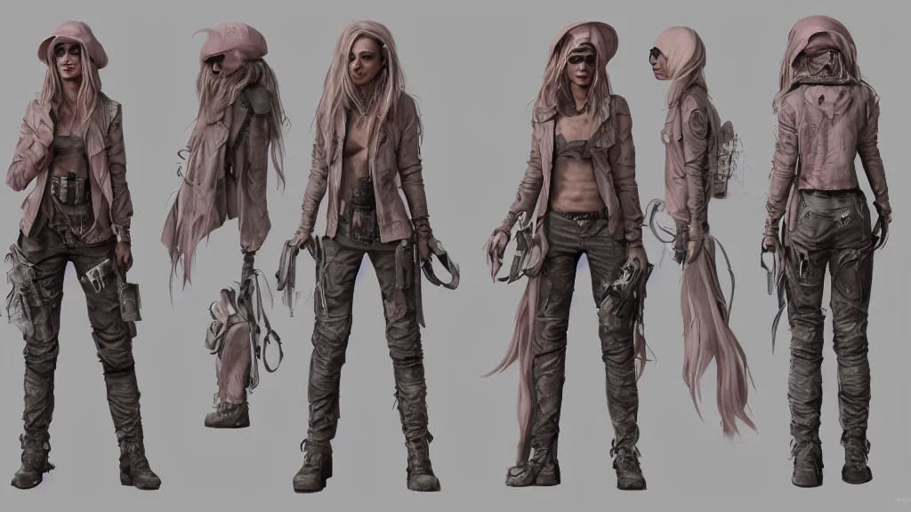 Prompt: character sheet for a light pink long haired beautiful realistic female for futuristic baggy dark grey jacket oakley glasses military boots hat dystopian mad max like fashion brand demobaza on an alien planet with two australian cattle dogs, impact by craig mullins, trending on artstation, trending on behance,, hd, 8 k, masterpiece