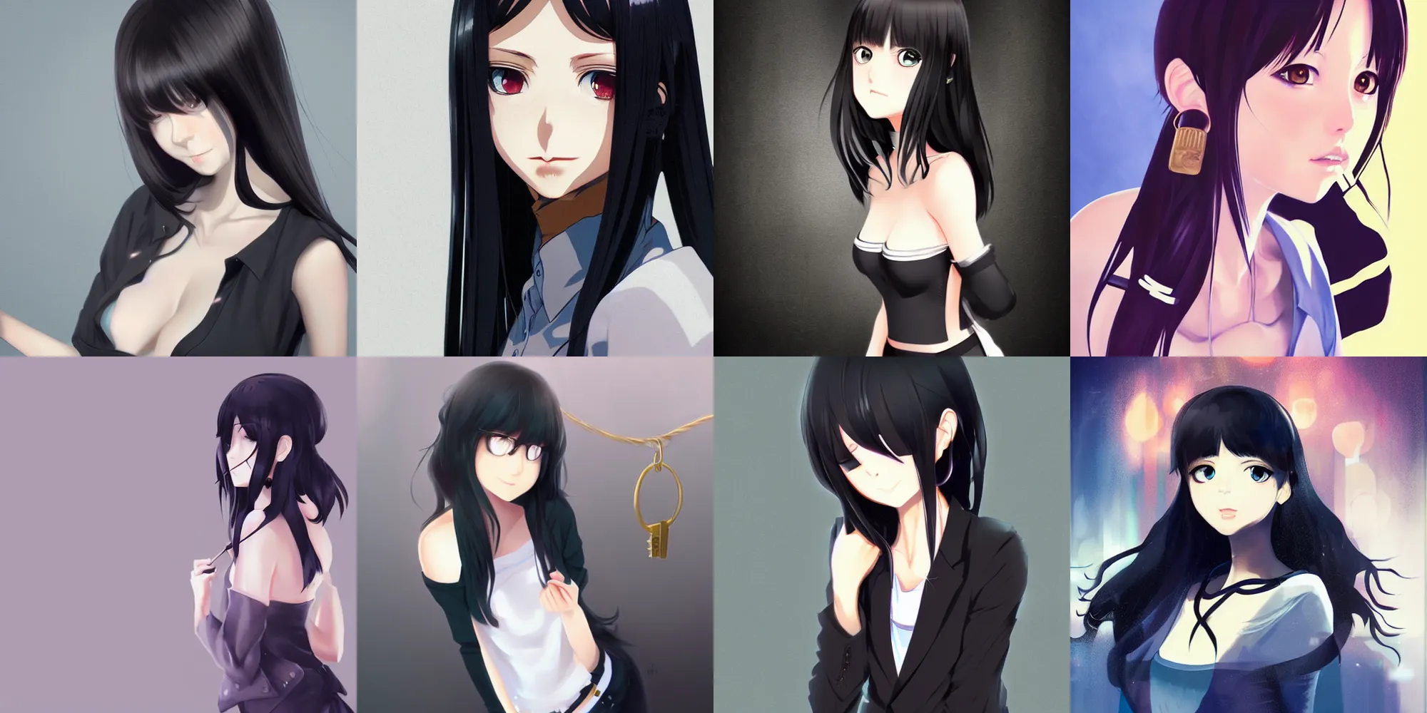 Prompt: full body portrait of a black haired girl, blank background, anime key visual, concept art, illustration by wlop