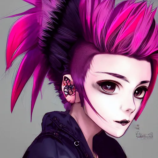 Image similar to full headshot portrait of anime woman with pink mohawk punk, digital art, drawn by WLOP, by Avetetsuya Studios, anime manga panel, trending on artstation, wearing a plaid shirt