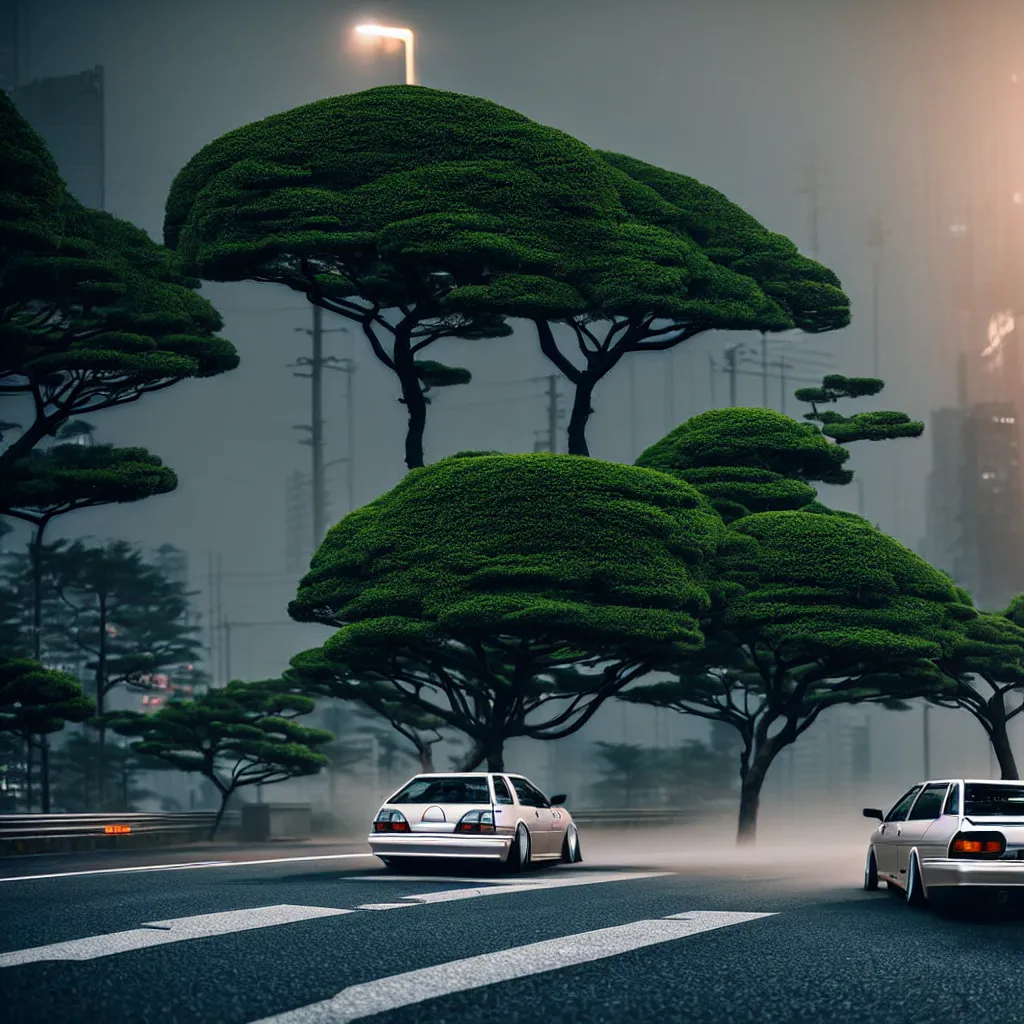 Image similar to car in center JZX100 twin turbo drift on a road, surrounded by trees and buidlings in Tokyo prefecture, rooftops are Japanese architecture, city at sunset heavy mist over streetlights, cinematic lighting, photorealistic, detailed wheels, highly detailed