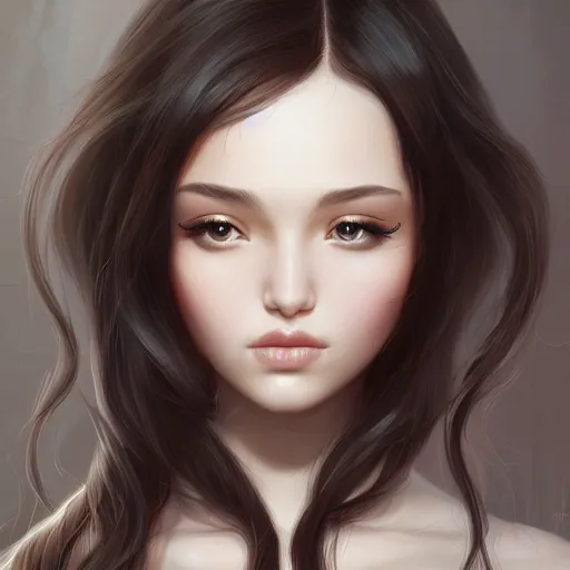 Image similar to teen girl, long black hair, gorgeous round face, brown pollover, amazing, elegant, intricate, highly detailed, digital painting, artstation, concept art, sharp focus, illustration, art by ross tran