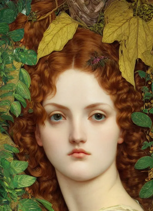 Image similar to masterpiece beautiful seductive flowing curves preraphaelite face portrait amongst leaves, extreme close up shot, straight bangs, thick set features, yellow ochre ornate medieval dress, laying amongst foliage mushroom forest circle arch, frederic leighton and kilian eng and rosetti, 4 k