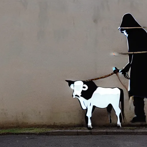 Image similar to a grim reaper walking a cow with a rope in the style of banksy