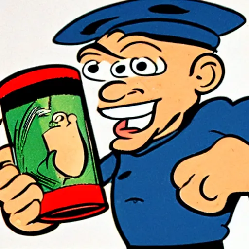 Prompt: a real life popeye the sailor crashing a can of spinach