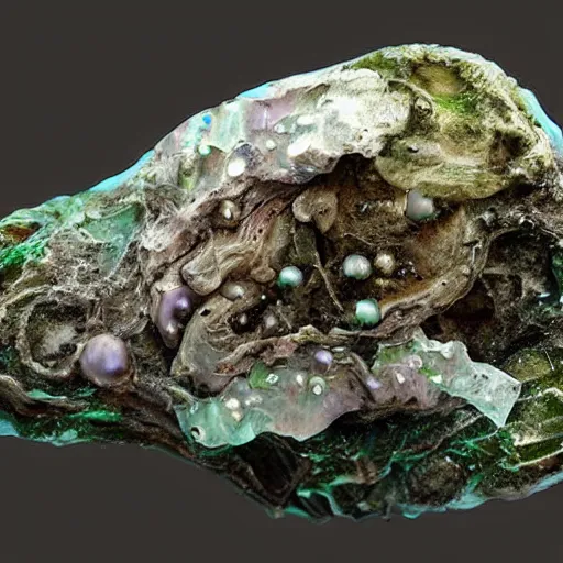 Prompt: a beautiful fantasy rendering of a dirty old corroded oyster with algae and barnacles growing on it, a glowing pure perfect iridescent pearl on the inside