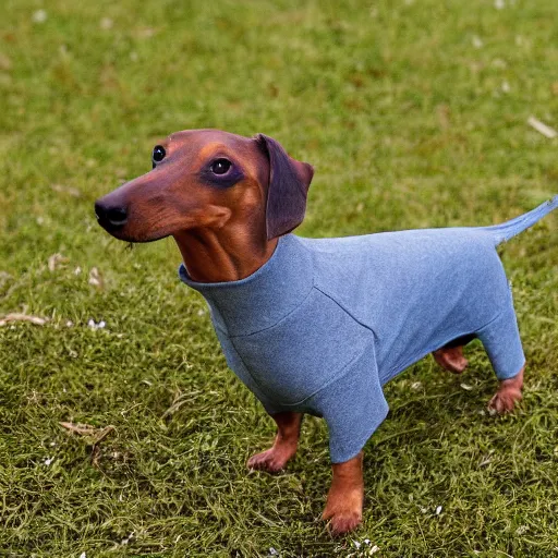 Prompt: sausage dog squinting at the viewer with a knowing look in its eyes, low quality, centered