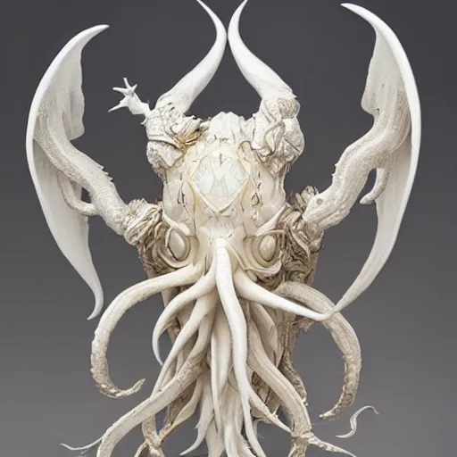 Prompt: symmetrical symmetrical symmetrical, angelarium, illithid, cthulhu, white with gold accents, sculpture by ellen jewett