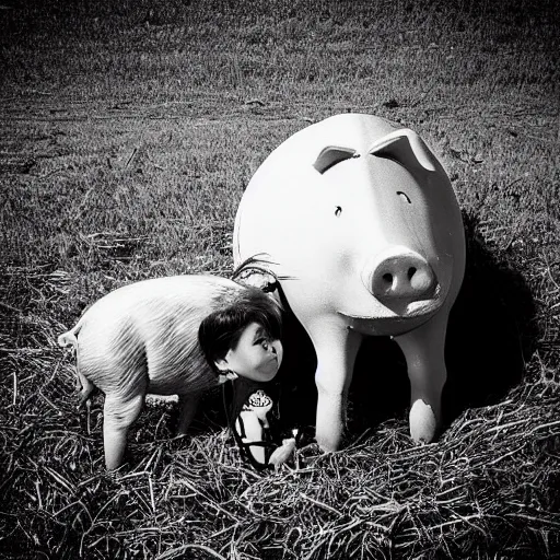 Prompt: “a tall emo girl with the head of a pig, in a Japanese apartment, grass and weeds, grainy b&w photograph”