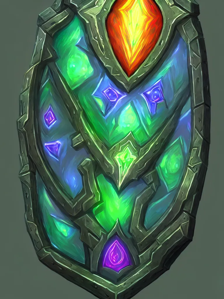 Image similar to rectangle frame bright shield of warcraft blizzard shield art, a spiral colorful gems shield. bright art masterpiece artstation. tree and roots shield, 8 k, sharp high quality illustration in style of jose daniel cabrera pena and leonid kozienko, green colored theme, concept art by tooth wu, card frame