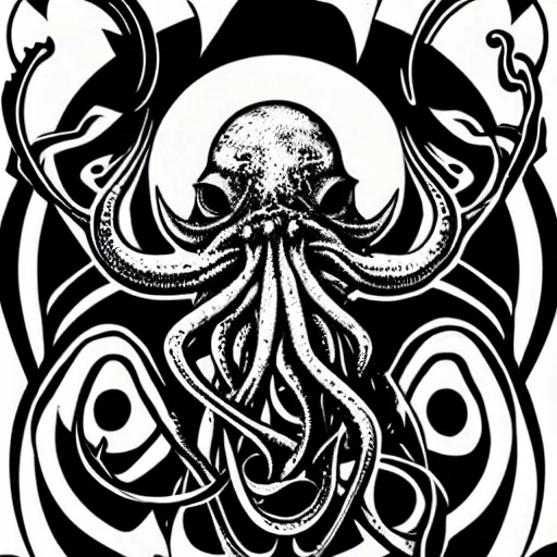 Image similar to abstract illustration of a cute cthulhu sticker by joe fenton , black and white, line art, intricate details