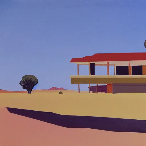 Image similar to motel in a desert rural landscape, painted by Alex Katz and Edward Hopper, airbrush, highly detailed
