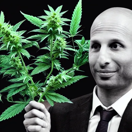 Image similar to naftali Bennett holding a giant marijuana plant, amazing digital art, highly detailed