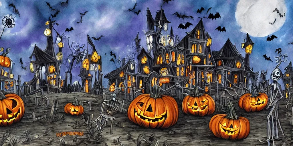 a beautiful painting of a halloween town, pumpkin king | Stable Diffusion
