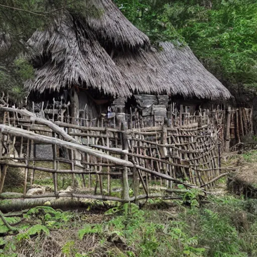 Image similar to A orc village inside a wooden palisade