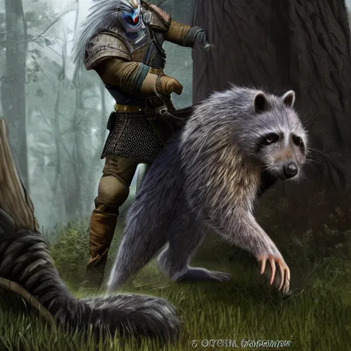 Image similar to geralt of rivia vs a giant racoon, digital art